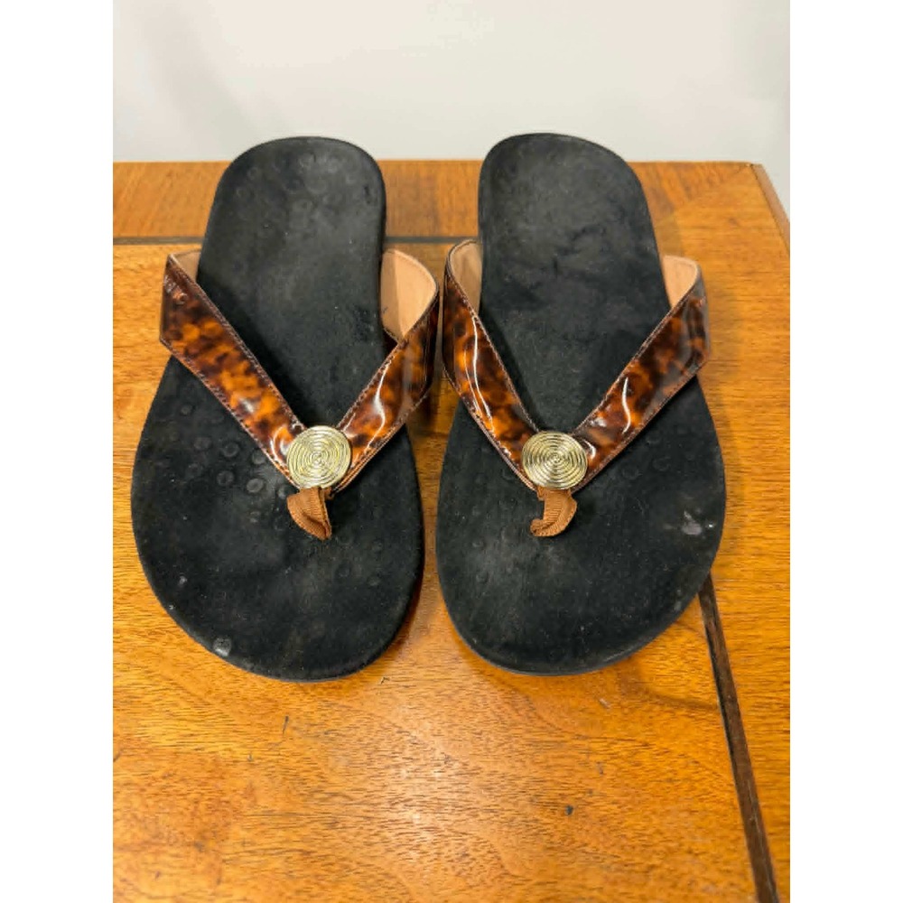 Vionic Women's 10-10.5 II Tortoise Shell Orthotic Thong Sandals Brown Gold Coin